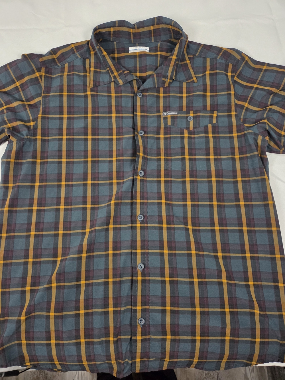 Columbia Men's Plaid Button-Up Shirt in Teal and Mustard